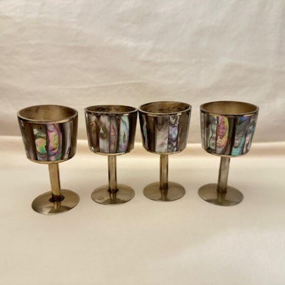 Set of Four Vintage Silver Abalone Shell Goblets - Picture 3 of 9